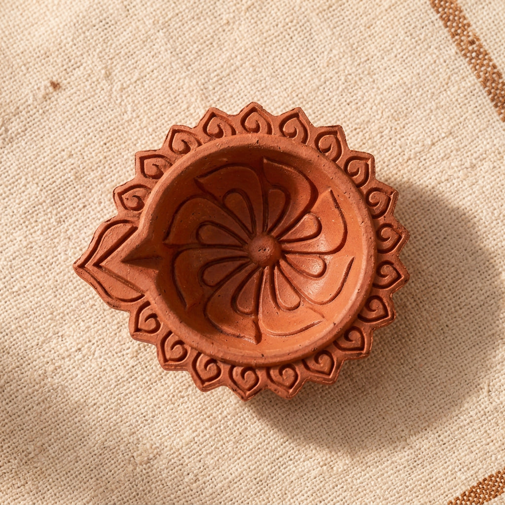 Chakri terracotta diya carving detail, top view