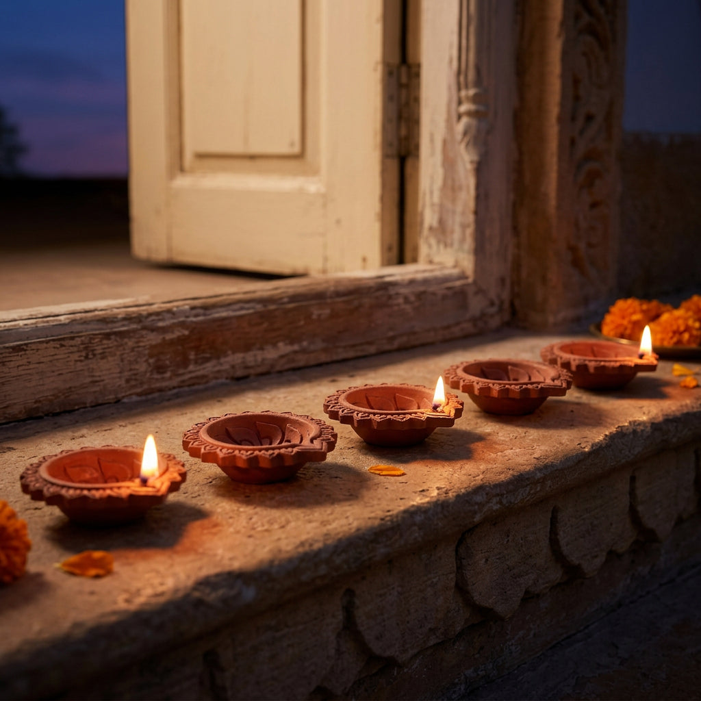 Chakri terracotta diyas lit on a window sill