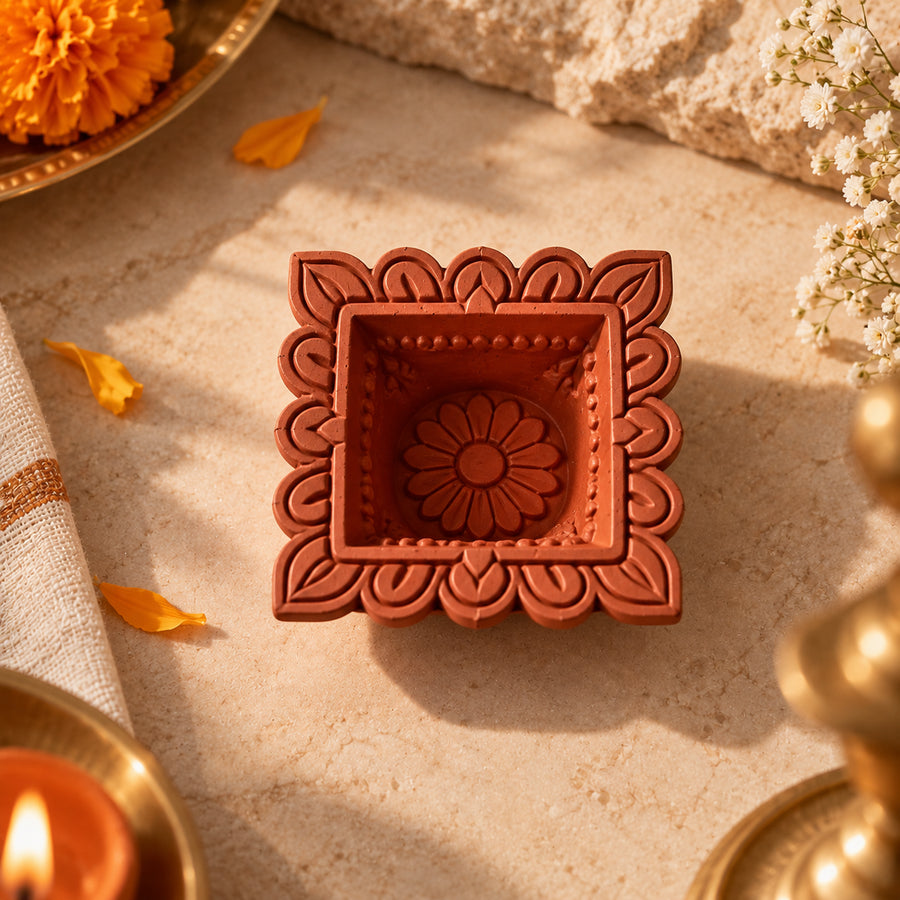 Chaukor hand-carved terracotta diya