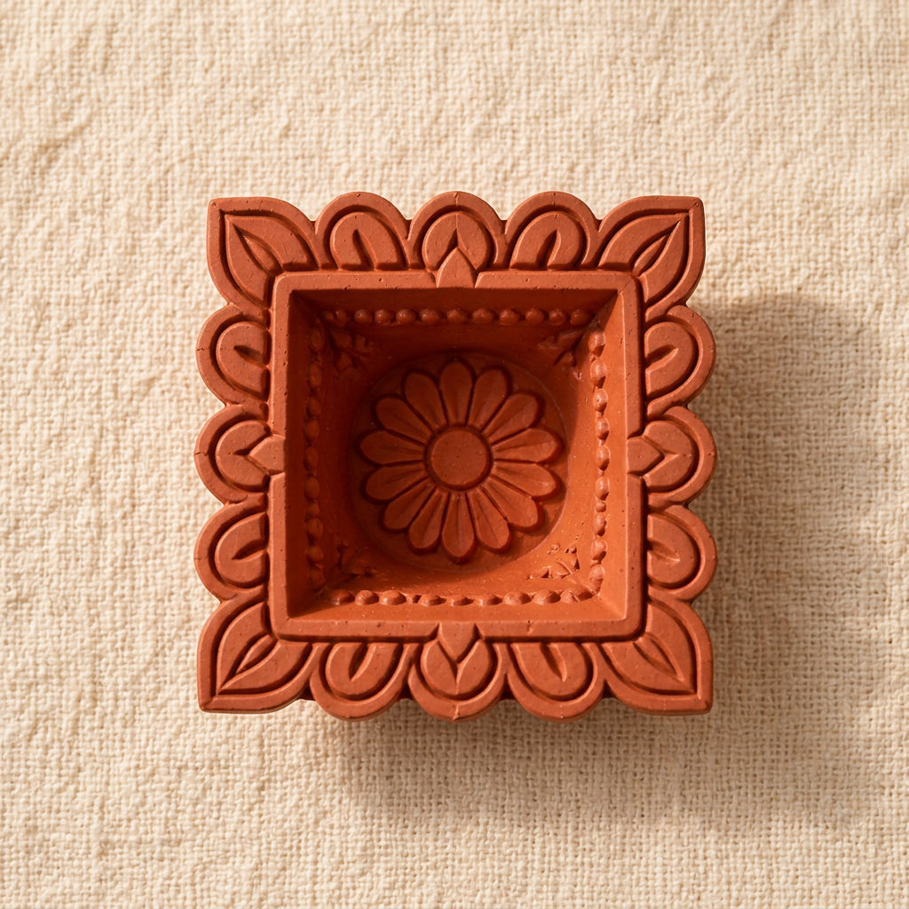 Chaukor terracotta diya carving detail, top view