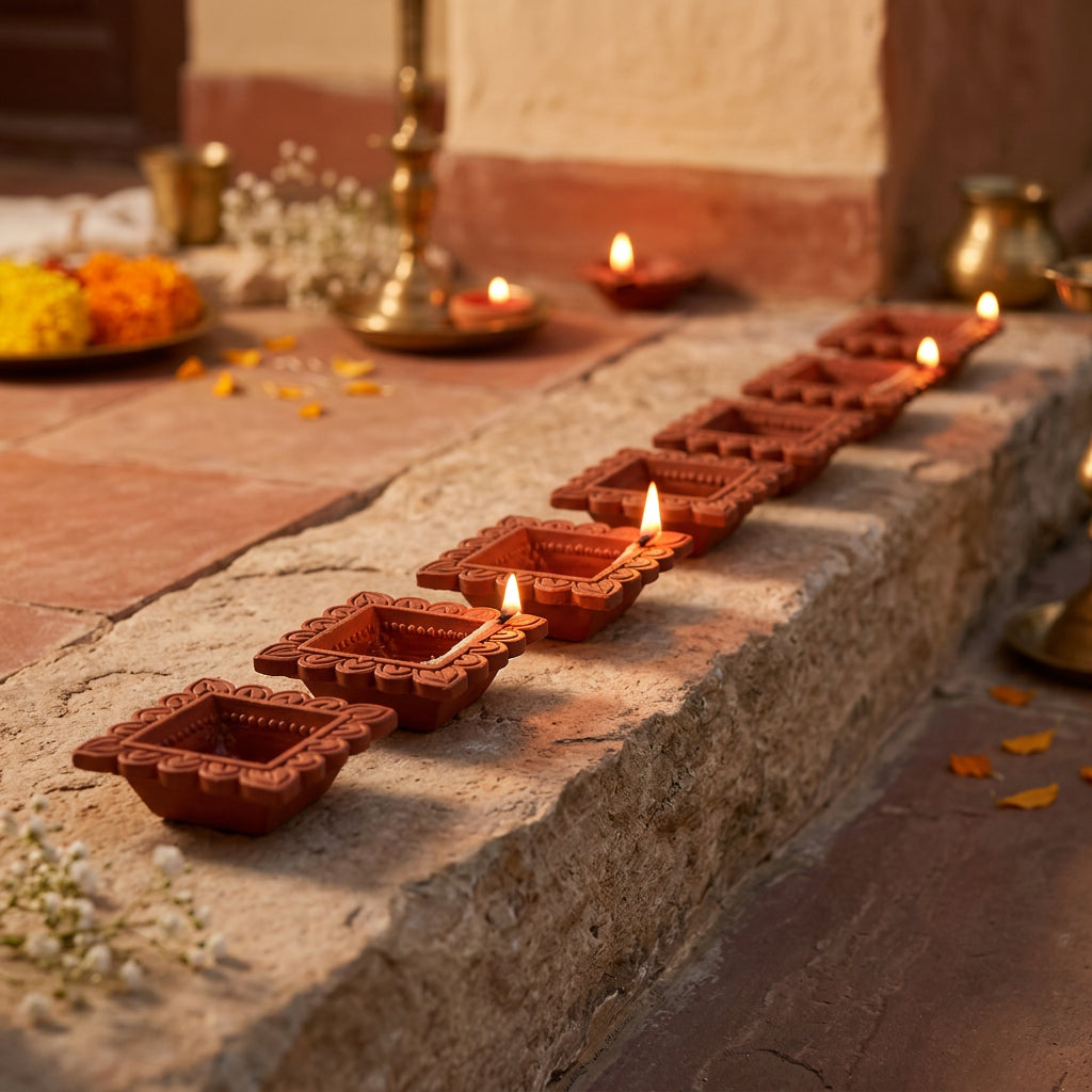 Chaukor terracotta diyas lit at a home doorstep