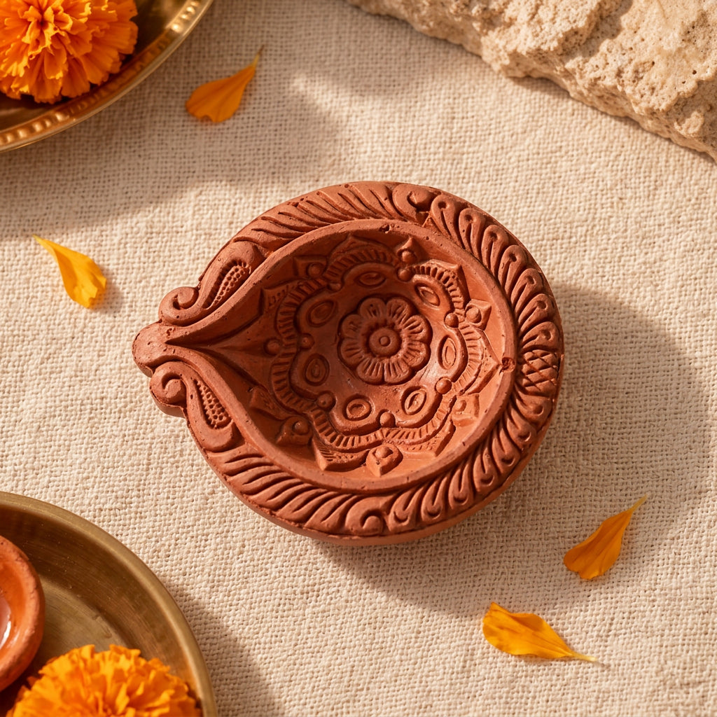Kalgi terracotta diya carving detail, top view