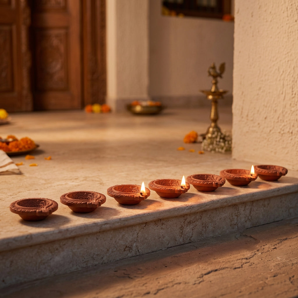Kalgi terracotta diyas lit at a home entrance