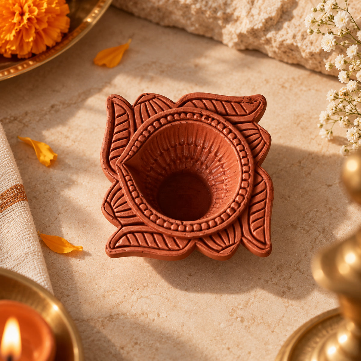 Kamal hand-carved terracotta diya