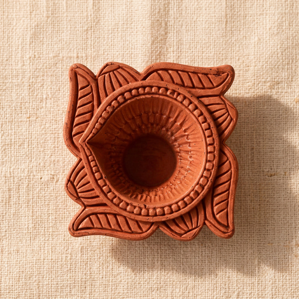 Kamal terracotta diya carving detail, top view
