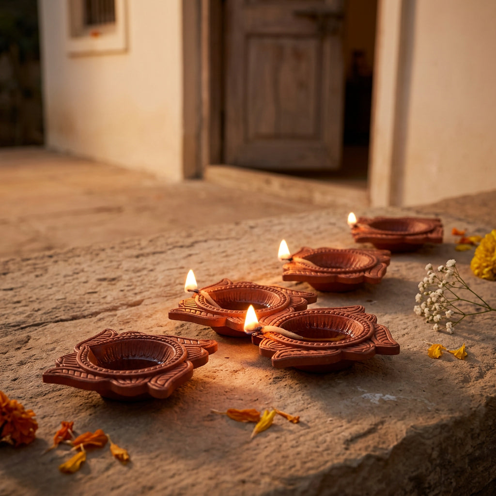 Kamal terracotta diyas lit at a home doorstep