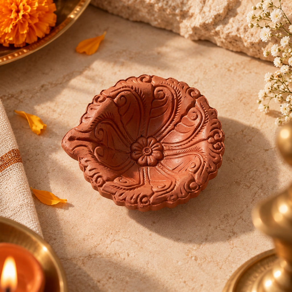 Mayur hand-carved terracotta diya