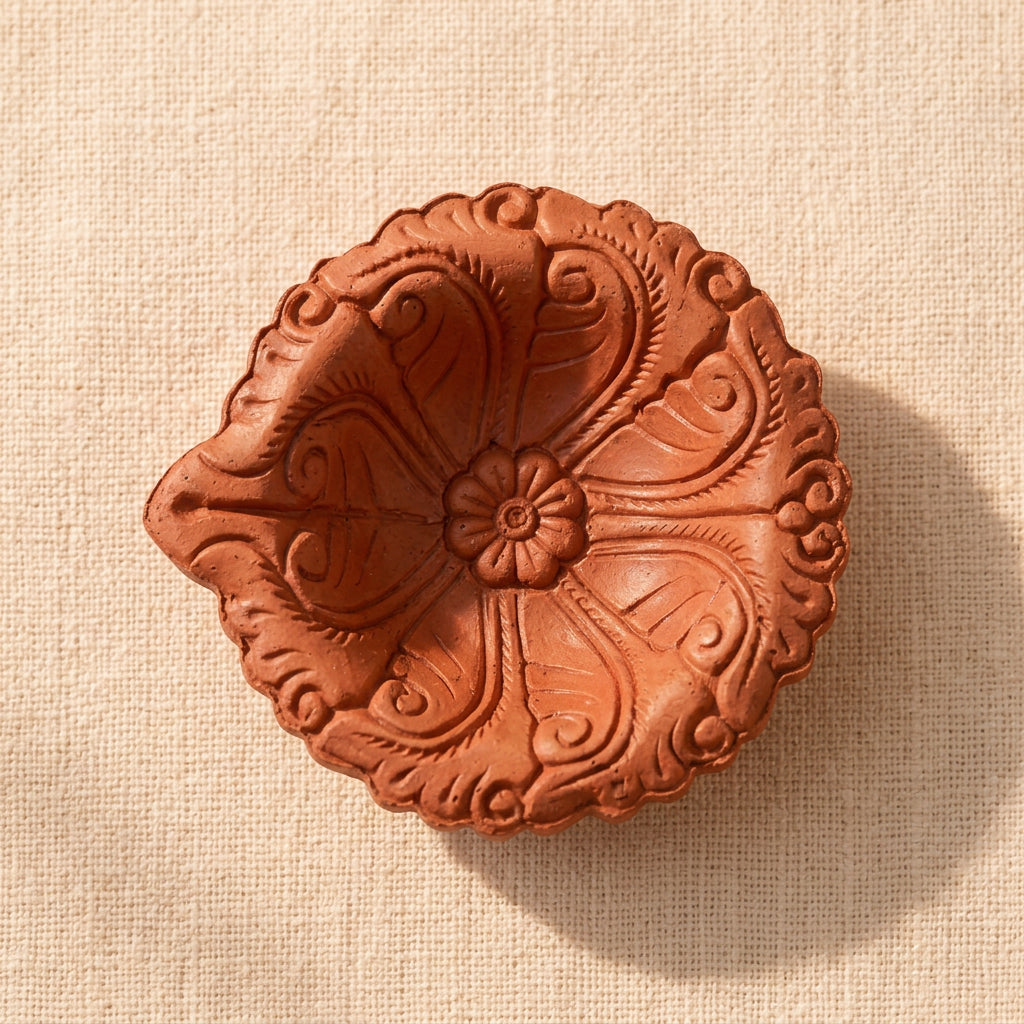Mayur terracotta diya carving detail, top view