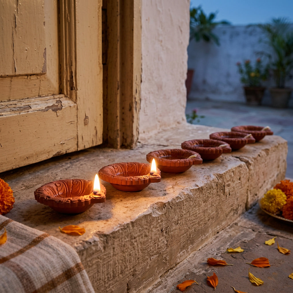 Mayur terracotta diyas lit at a home entrance