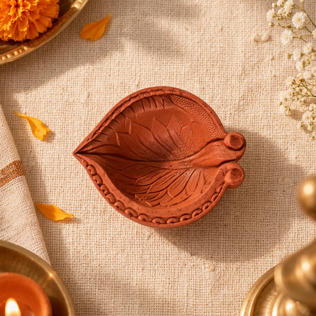 Mool terracotta diya carving detail, top view