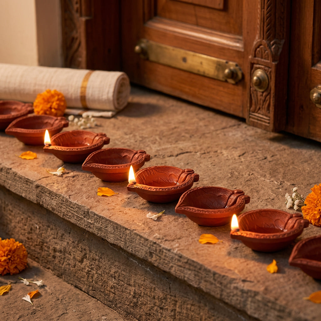 Mool terracotta diyas lit at a home doorstep
